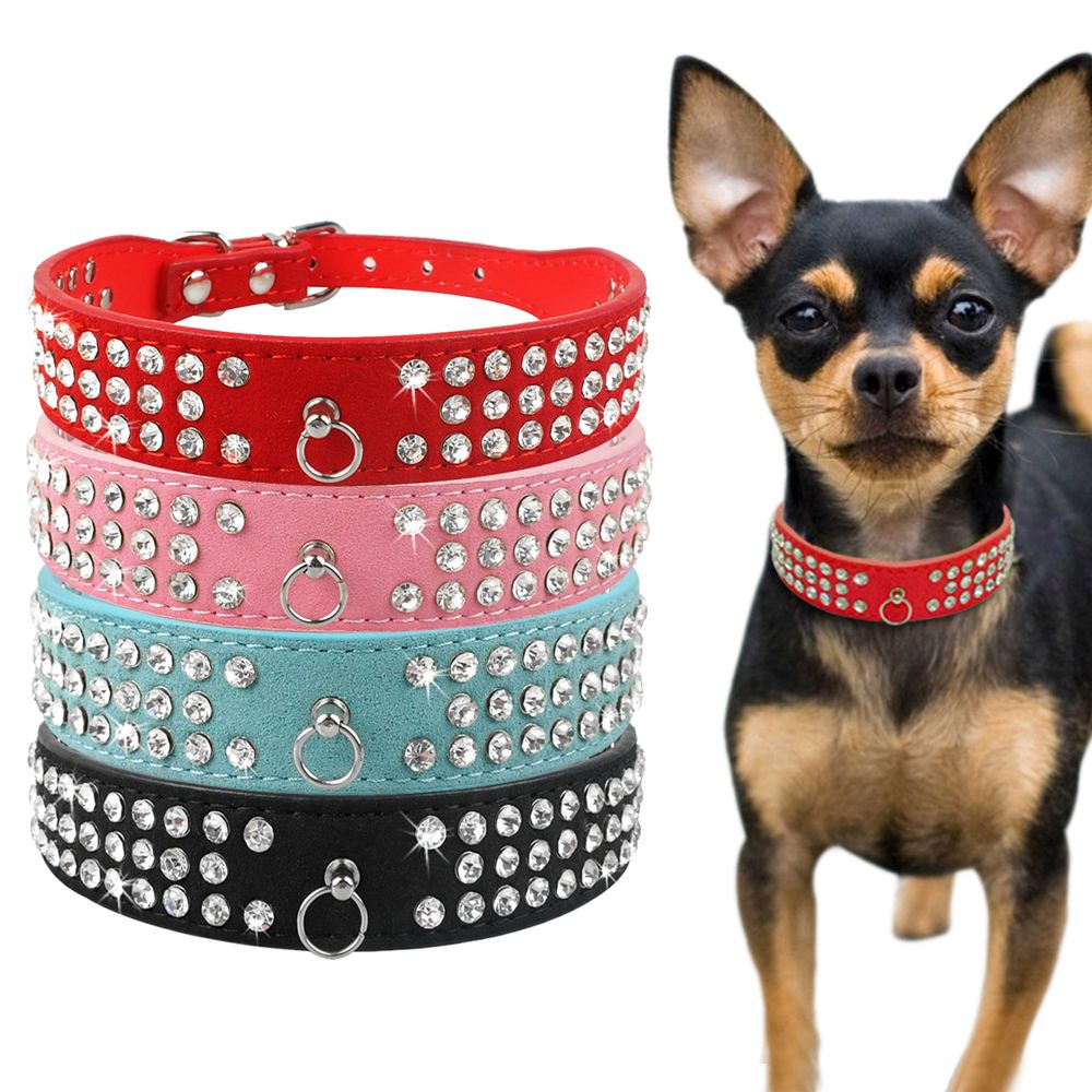 2021 New Suede Leather Dog Collars 3 Rows Rhinestone Dogcollar Diamante