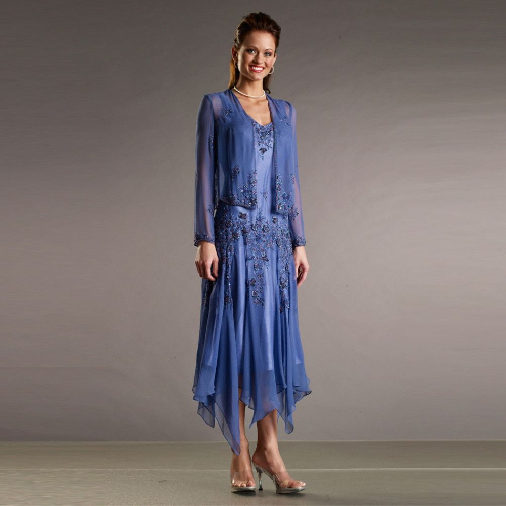 2020 Cheap Royal Blue Formal Mother Of The Bride Dresses Beaded With Long Sleeve Jacket Tea Length Mother Bride Gowns Wedding Guest Dress Plus Size