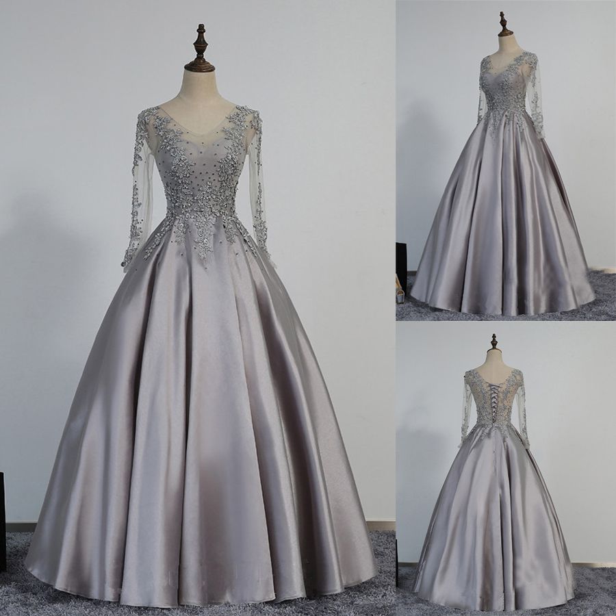 grey satin prom dress