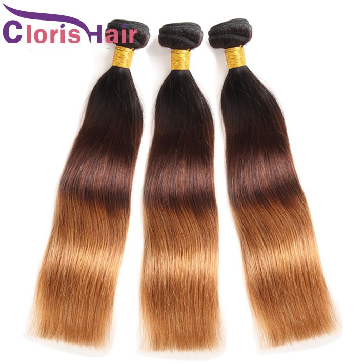 Blonde Ombre Sew In Hair Extensions Silky Straight Brazilian Virgin Human Hair Bundles Dark Roots Brown Blonde Straight Hair Weaves 1b 4 30 Canada