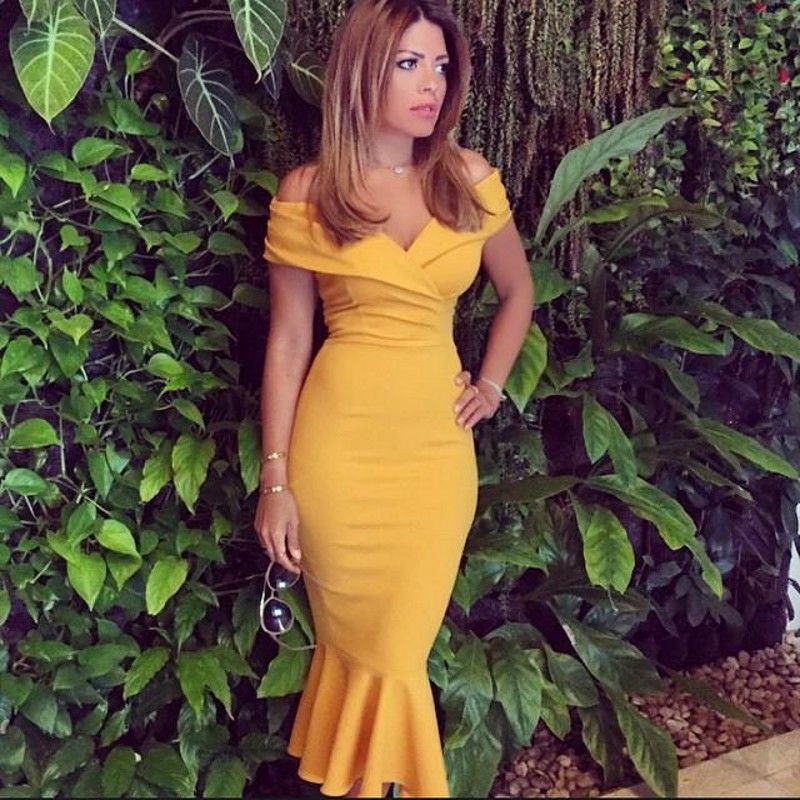 Vestidos de noche de sirena sin hombros sexy Volantes Satén Longitud de té Vestidos de celebridades Vestidos de noche de sirena sin hombros sexy Volantes Satén Longitud de té Vestidos de celebridades