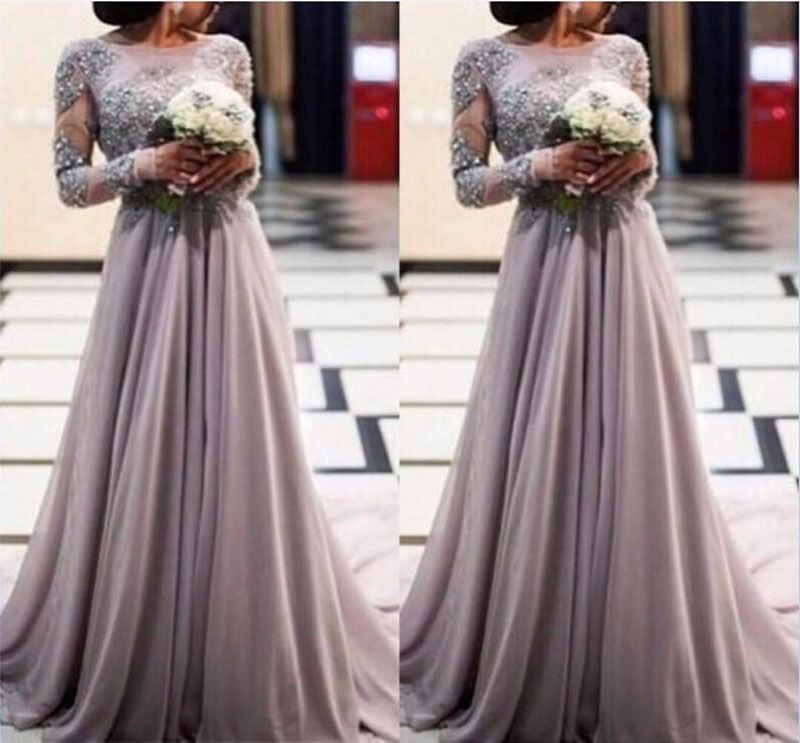 Long Sleeved Evening Dresses Robe Soiree Longue Femme 2019 Jewel Chiffon A Line Long Prom Dresses With Appliques Evening Dresses For Juniors Evening