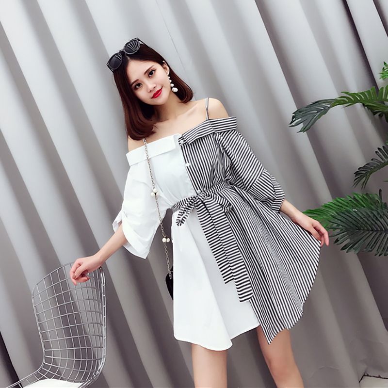 Compra 2017 Verano Nueva Moda Coreana Femenina Cuello Irregular Camisa A  Rayas Vestido Sin Tirantes De Color Honda Barato | Entrega Rápida Y Calidad  | Es.Dhgate
