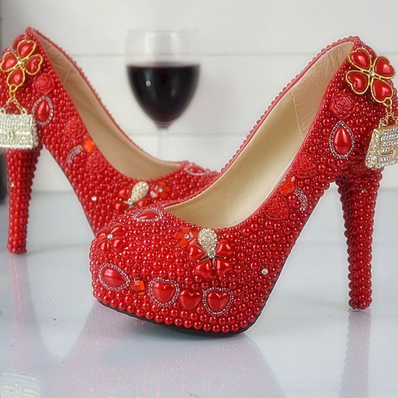 Plus Size Red Pearl Wedding Shoes Beautiful High Heel Platform Crystal Shoes Handmade Women 