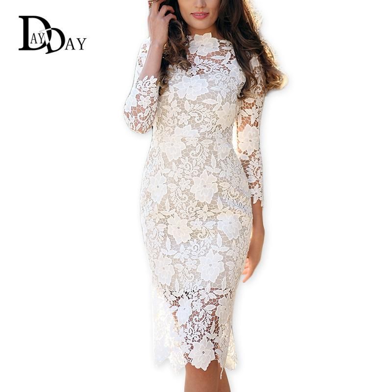 white lace long sleeve midi dress