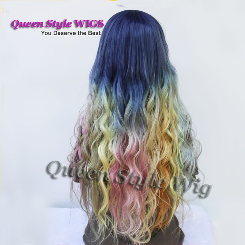 Mermaid Rainbow Color Hair Wig Synthetic Dark Blue Root Ombre Pink