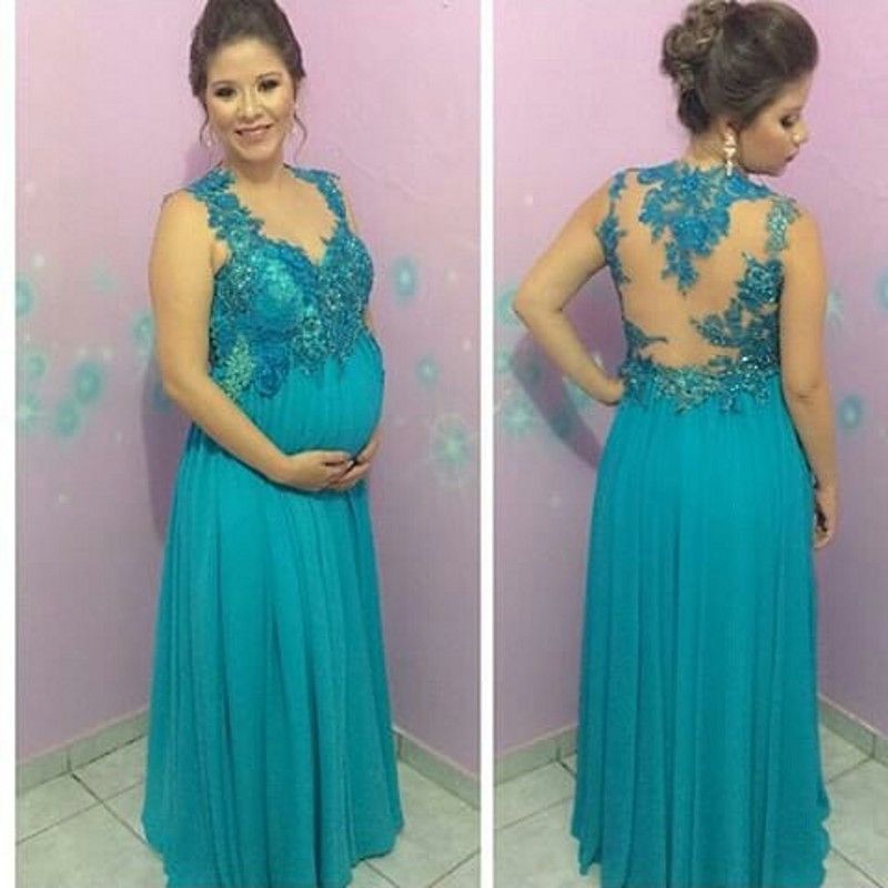 Acheter Robes De Soirée élégantes Pour Les Femmes Enceintes 2018 Appliques Perles En Mousseline De Soie Robe De Soirée Longue Voir Bien Retour Sexy