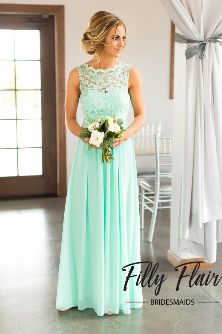 Hot Mint Green Lace Chiffon Bridesmaid Dresses A Line Sheer Crew