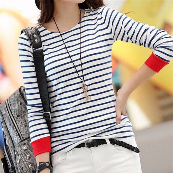 Striped T Shirt Women White Blue Stripe 