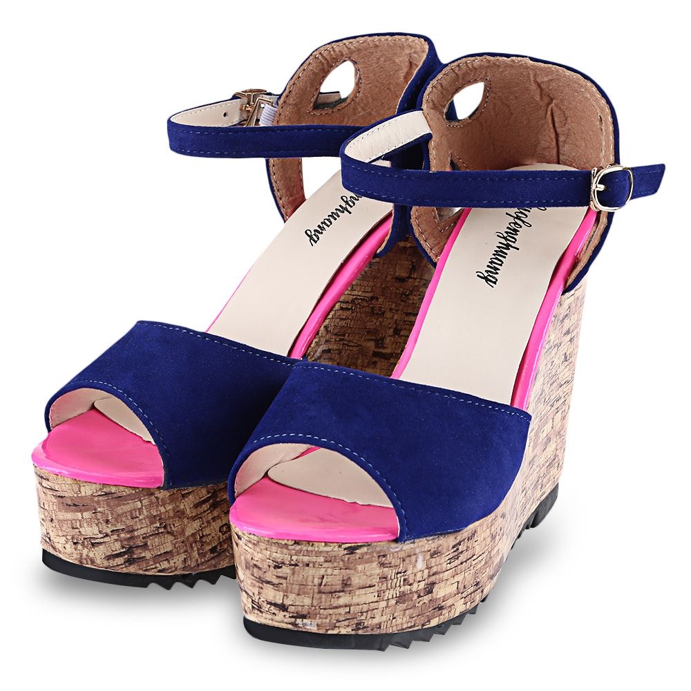 Stylish Color Block Strap Design Ladies Wedge Sandals Block High Heeled