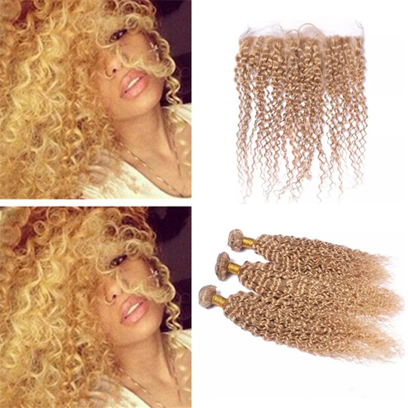 2019 Full Head Honey Blonde Kinky Curly Hair Bundles With Lace