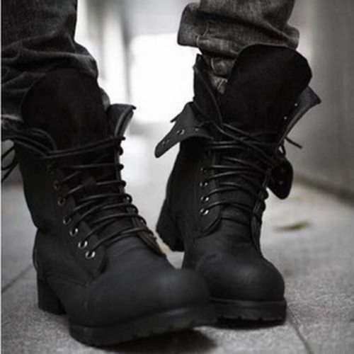 Retro Mens Leather Combat Lace Up Military Army Biker Ankle Mid Calf Boots Shoes
