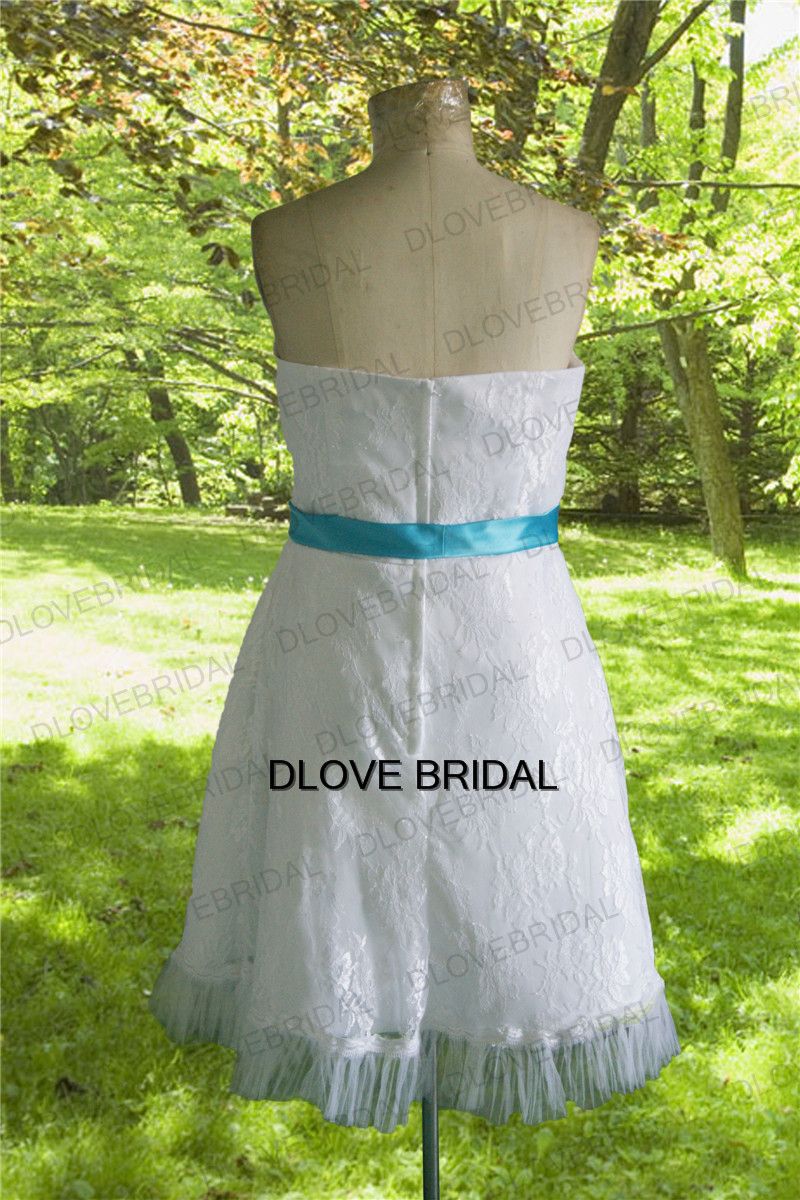 Vestido de novia de playa corto clásico de foto real con cinturón de lazo  azul desmontable
