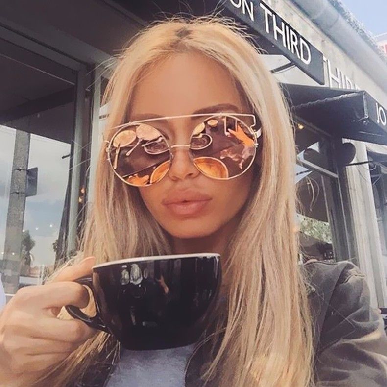 Rose Gold Women Mirrored Lenses Designer Retro Vintage Oversized Cat Sunglasses