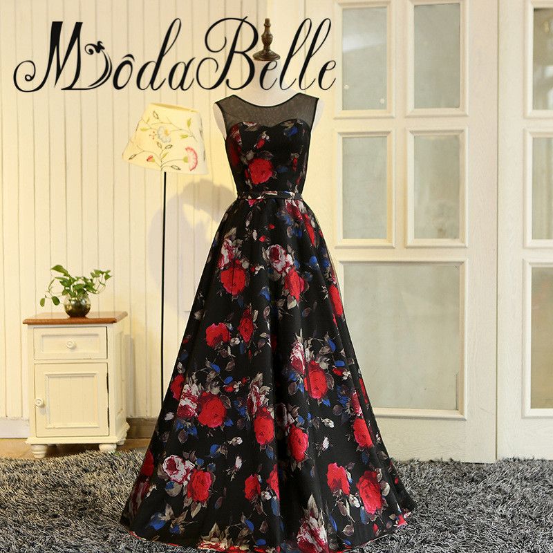 Modabelle Vestidos De Graduacion 2017 Vestido de fiesta Estampado floral largo Vestidos de fiesta negros