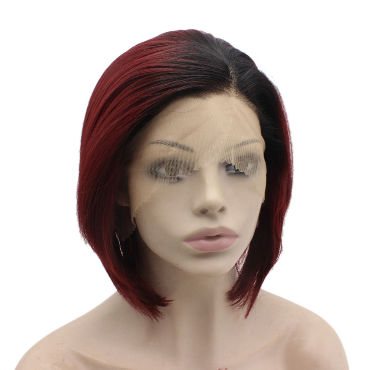 Black Red Ombre Short Swiss Lace Front Bob Wig Synthetic Lace