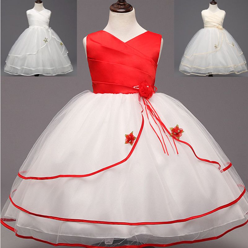 Pink Satin Flower Girl Wedding Beading Costume Big Bowknot Princess Party Dress