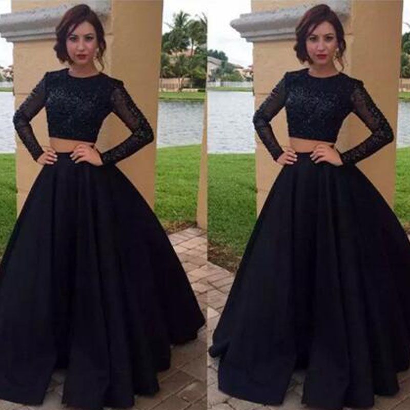 black long sleeve 2 piece prom dress