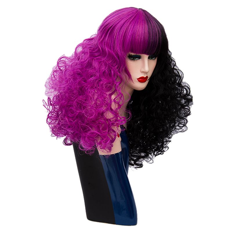 New Curly Hair Wigs Mix Color Half Black Half Purple Synthetic Wig