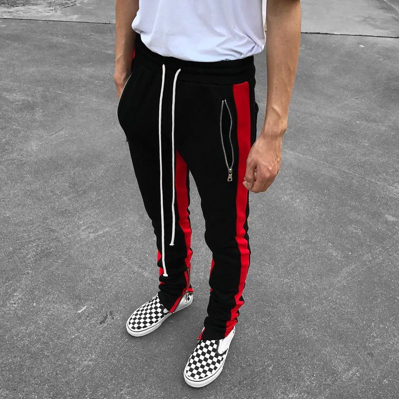 men's green track pants with red stripe