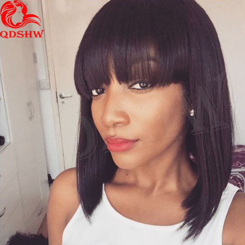 Short African American Human Hair Bob Wigs With Bangs Straight