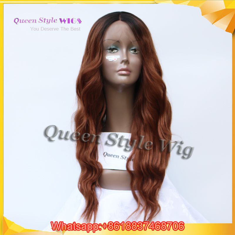 Two Tone Black Root Ombre Brown Color Wig Synthetic Medium Length