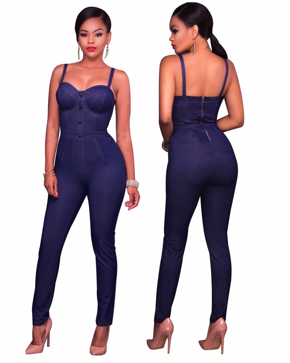 spaghetti strap denim jumpsuit