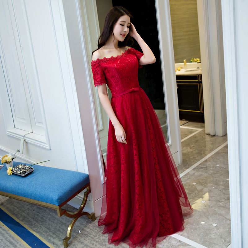 Impresionante rojo vestidos de noche encaje vestido de fiesta tirantes medias mangas
