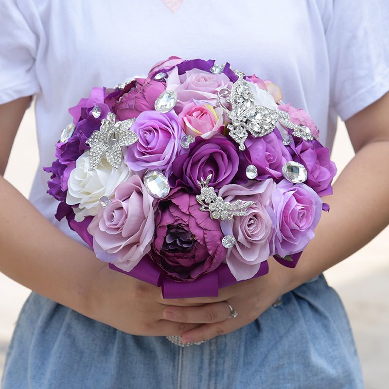 Acheter Bouquets De Mariage Artificiels Pourpre Fleurs Faites à La Main Avec Cristal Strass Demoiselle Dhonneur Broche Cristal Bouquet De Mariée