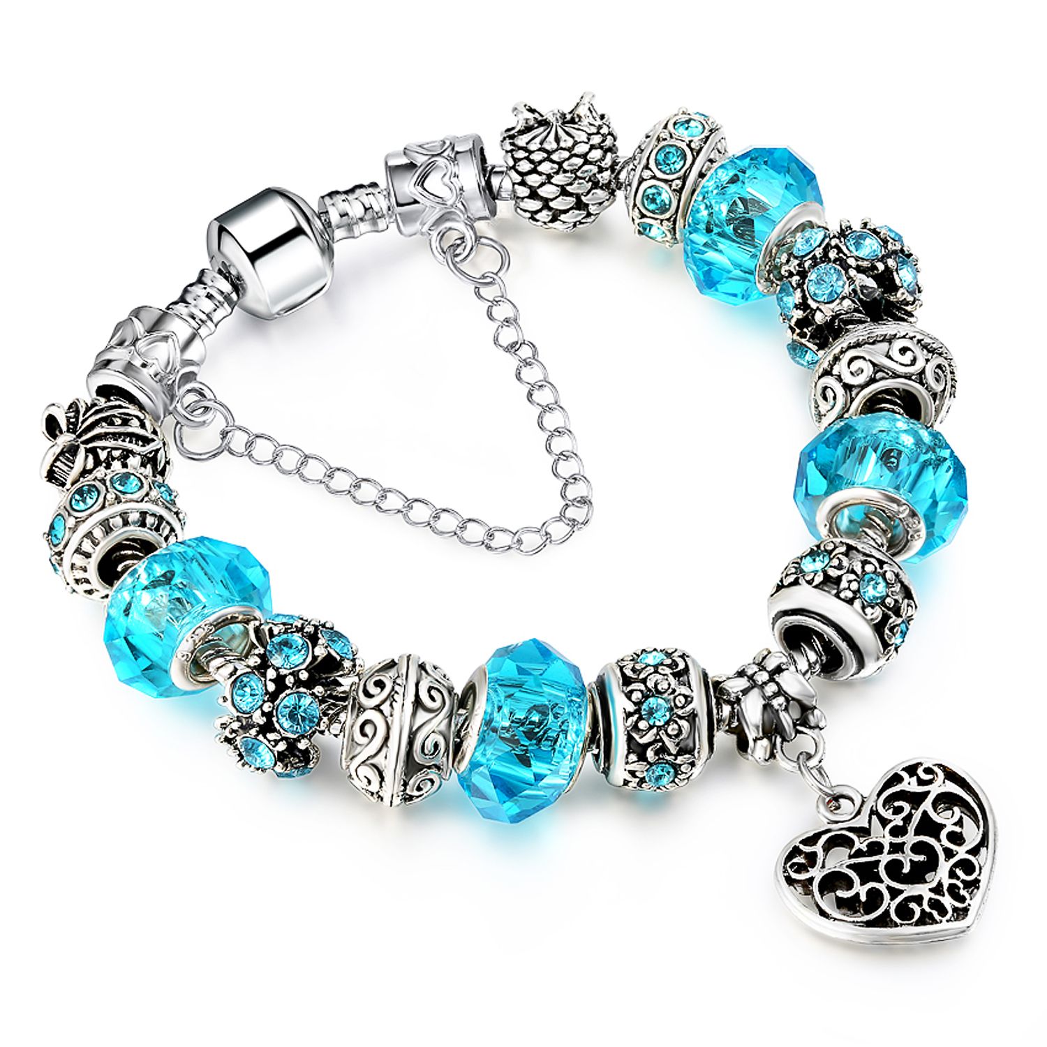 Crystal Bracelet Allow Silver Plated Bead With Blue Crystal Heart ...