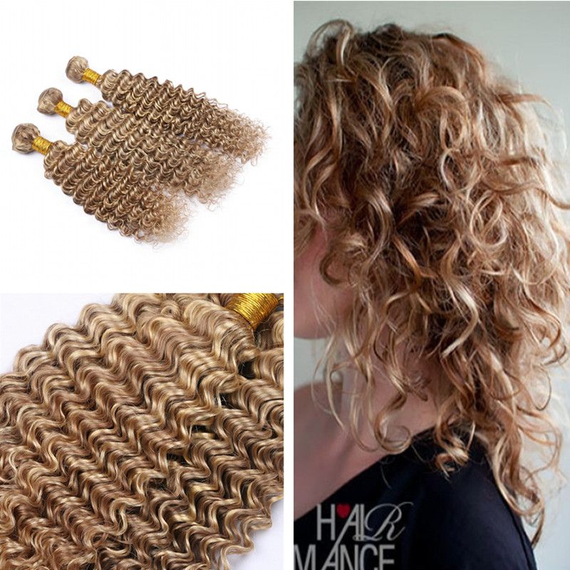 Ombre Brown And Blonde Mix Color Virgin Hair Extensions Deep Wave