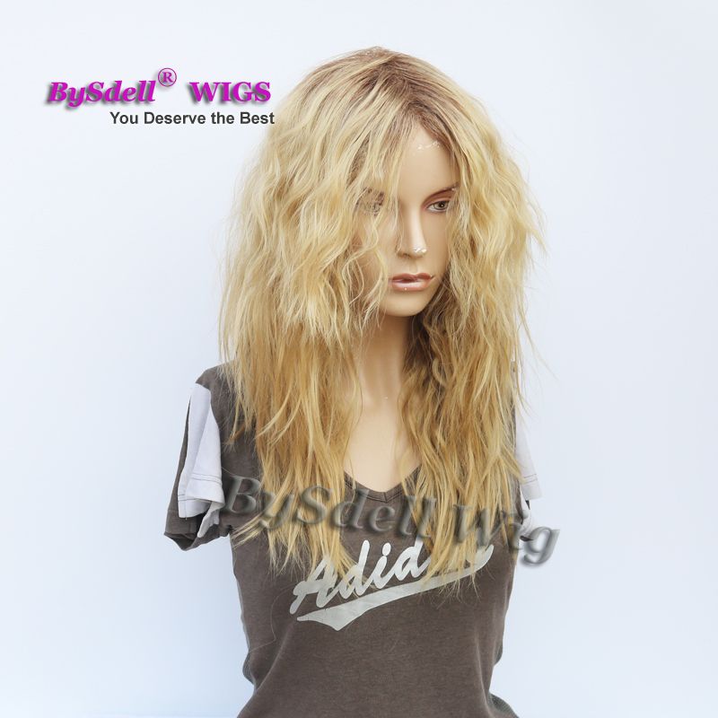 Premium Natural Kinky Wave Hair Wig Synthetic Medium Length White Woman Style Wig Ombre Blonde Hair Wig Free Part Dark Roots Wigs Wig Prices Whole