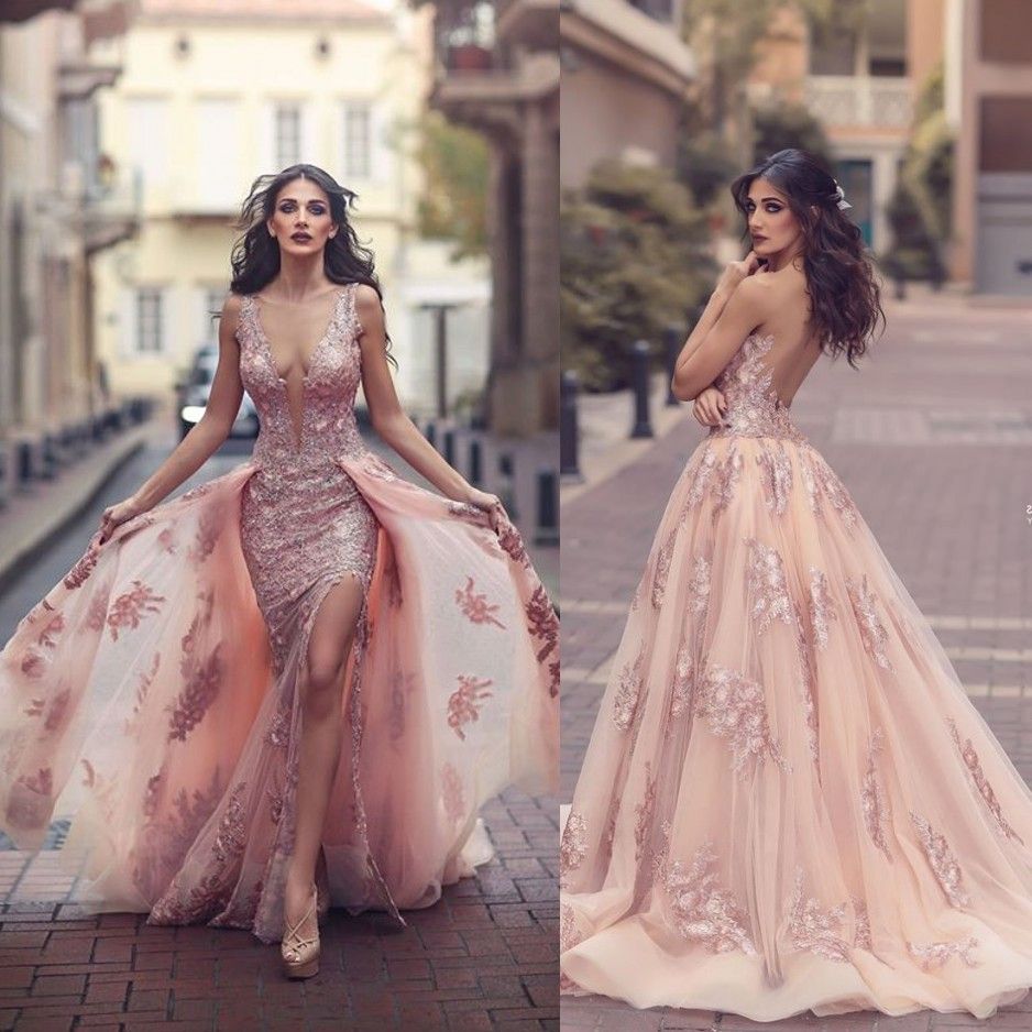 Compra Vestidos Divididos De Moda Desgaste De La Noche Con Falda Desmontable  Sheer Sheer Tallado Cuello De Época Vestidos Formales Mermaid Apliquen El  Vestido De Fiesta Sin Espalda Barato | Entrega Rápida