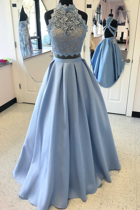 Light Blue FLloor Length Two Piece Prom 