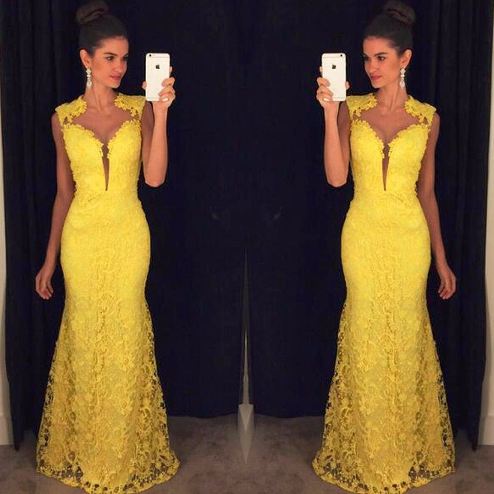 Vestido largo de encaje con encaje amarillo Vestido elegante Vestido de fiesta con sirena Vestidos de Vestido largo de encaje con encaje amarillo Vestido elegante Vestido de fiesta con sirena Vestidos de