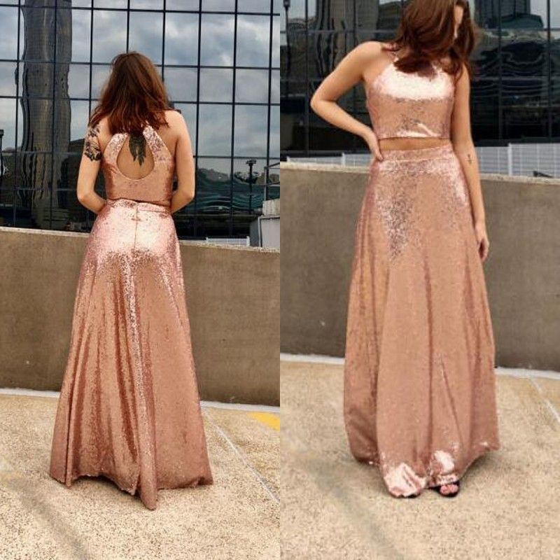Hot Sale 2017 Rose Gold Sequined Dresses For Prom Party Cheap Crew