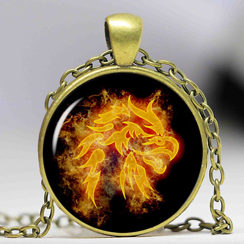 Fire Phoenix Photo Cabochon Glass Dome Silver Chain Pendant Necklace