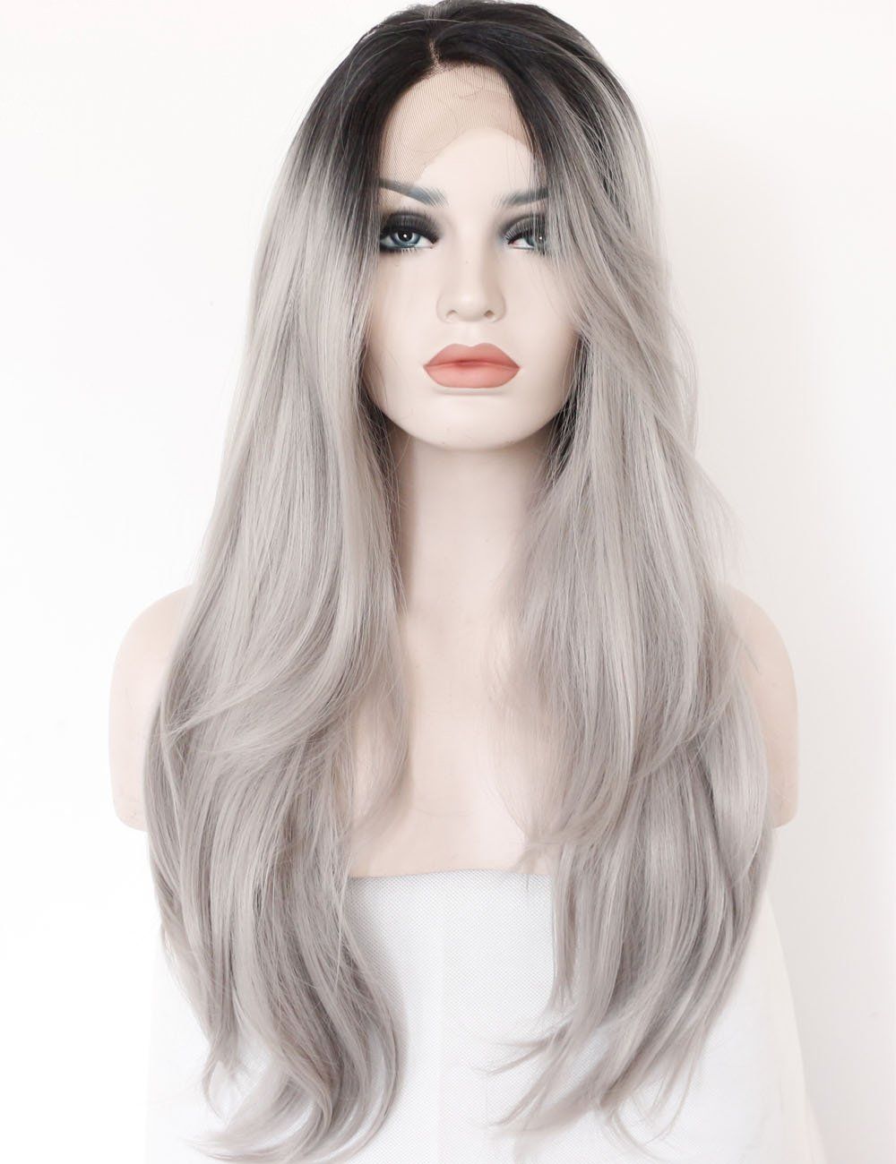 Ombre Gray 2 Tones Synthetic Lace Front Wig Dark Roots Long Natural  Straight Silver Grey Replacement Hair Wigs For Women Heat Resistant Fibe