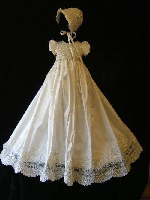 Long Lace Christening Gown Bonnet and Shoes 0-3 3-6 6-9 Months White Ivory