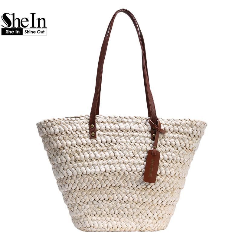 Nice- Shein Ladies New Fashion High Street Womens Beach Use White Handle Straw