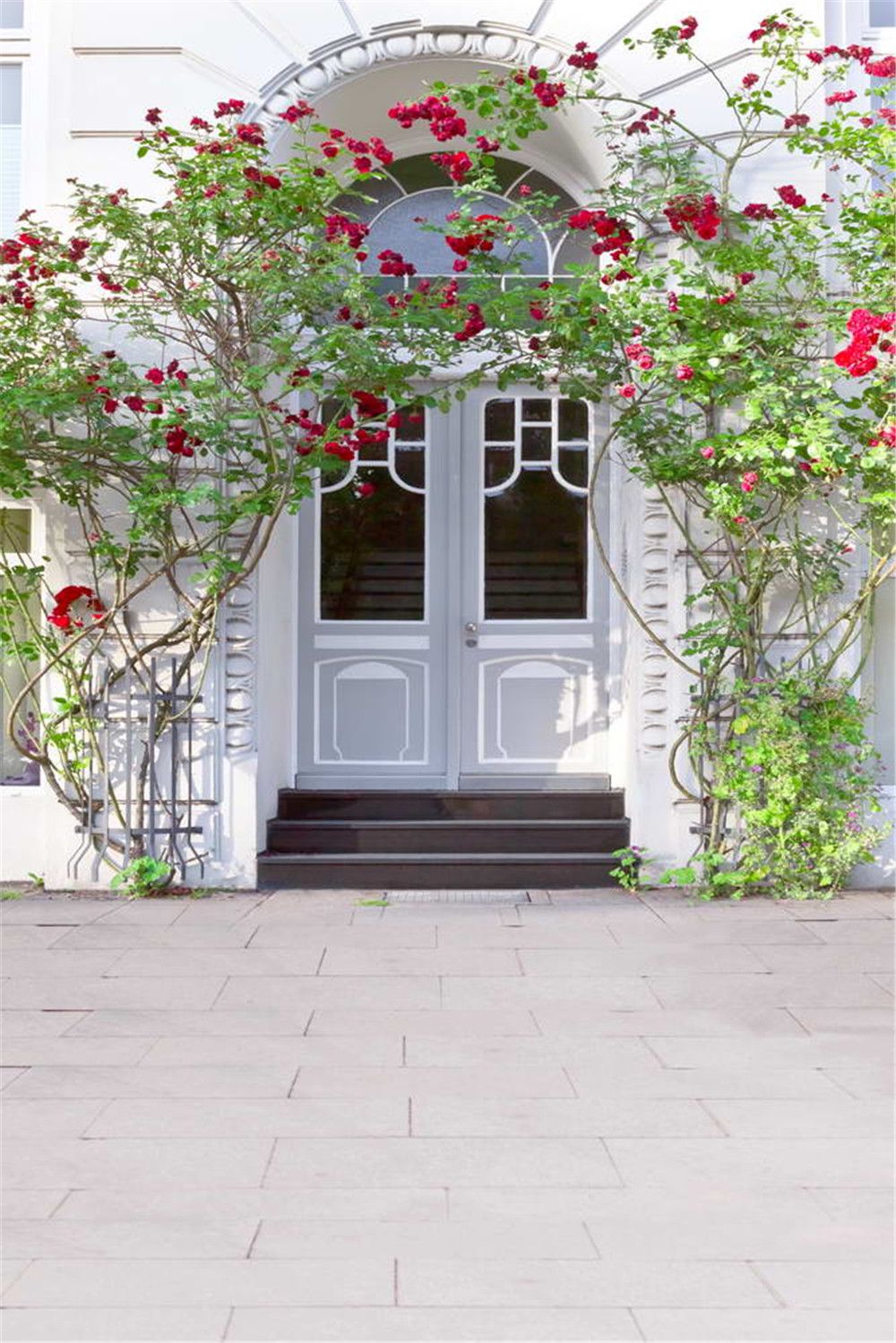 2019 Outdoor House White Doors Romantic Wedding Photography Backdrops Red Roses Vines Stairs Studio Photo Shoot Background From Backdropstore 2614
