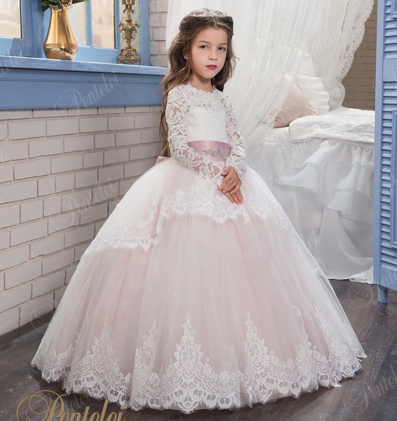 2017 vestidos de niña las flores de encaje bodas se ruborizan rosa largas vestido de bola princesa primera comunión vestido niñas vestidos de fiesta del desfile