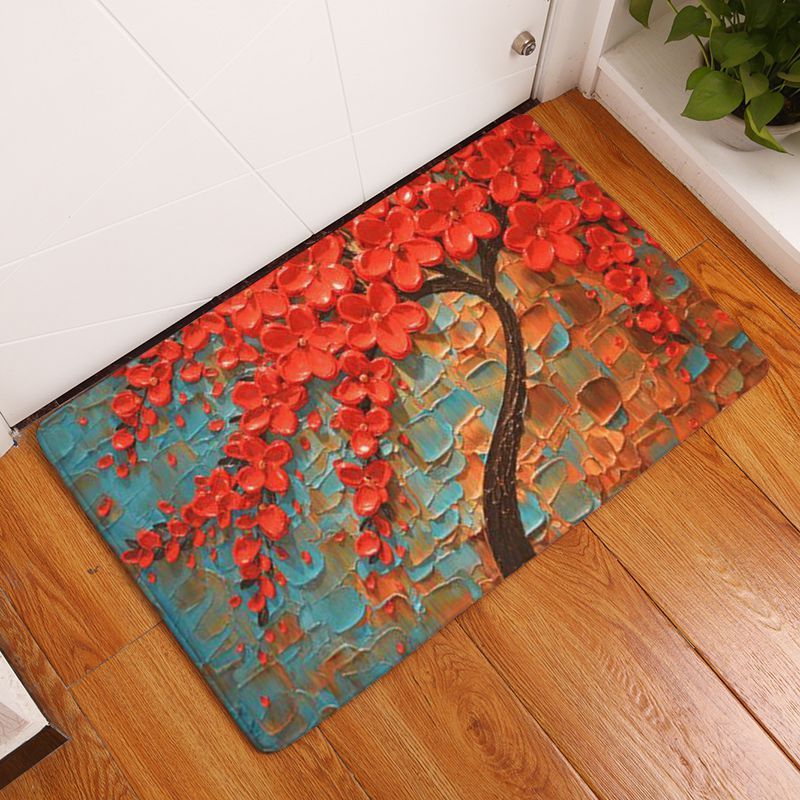 Oil Painting Trees Doormat Printed Velvet Bathroom Carpet Non Slip
