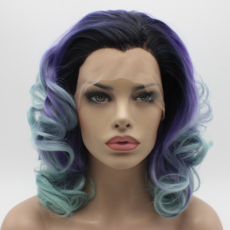 Iwona Hair Wavy Shoulder Length Dark Root Purple Light Blue Ombre