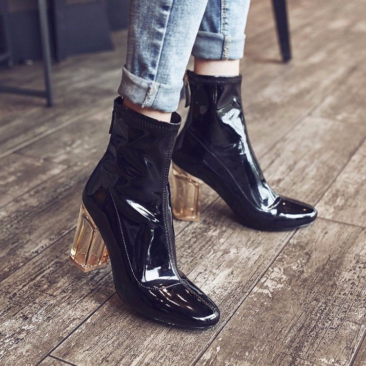 Acquistare 2018 Stivali Da Pioggia In Pelle Moda Con Tacco Alto Scarpe  Donna Stivali Con Tacco Lucite In Perspex Tacco Nero Stivaletti Da Donna In  Vernice Nera 35 40 Economico | Consegna