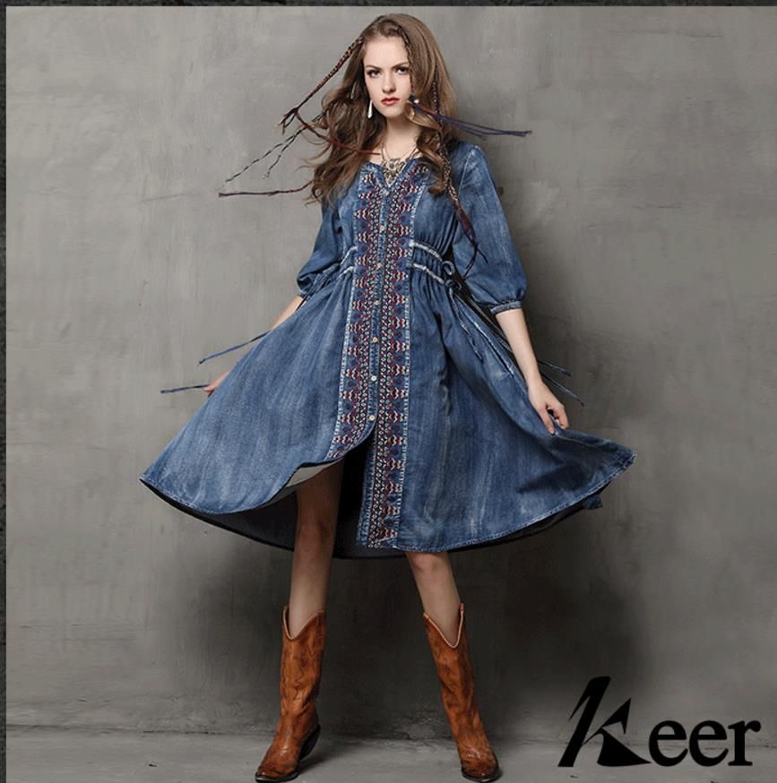 Blue Denim Dress Women Embroidery 