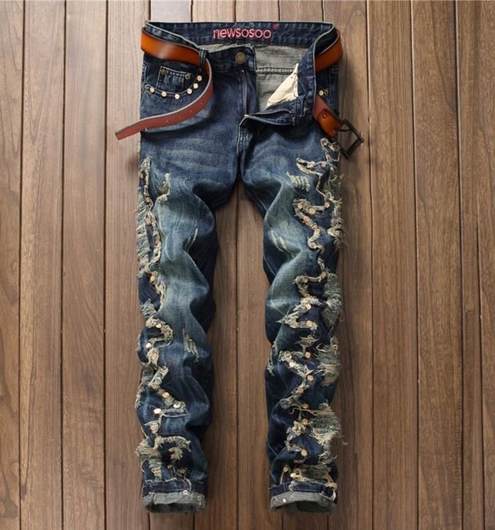 Mens Punk Rock Jeans Hole Ripped 