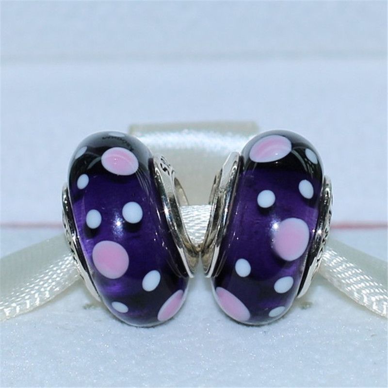Popular 925 Sterling Silver Blue Flower Pattern Murano Glass Thread Beads Charms