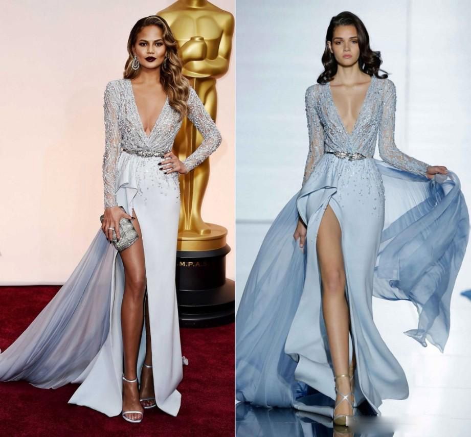 long sleeve plunging neckline dress