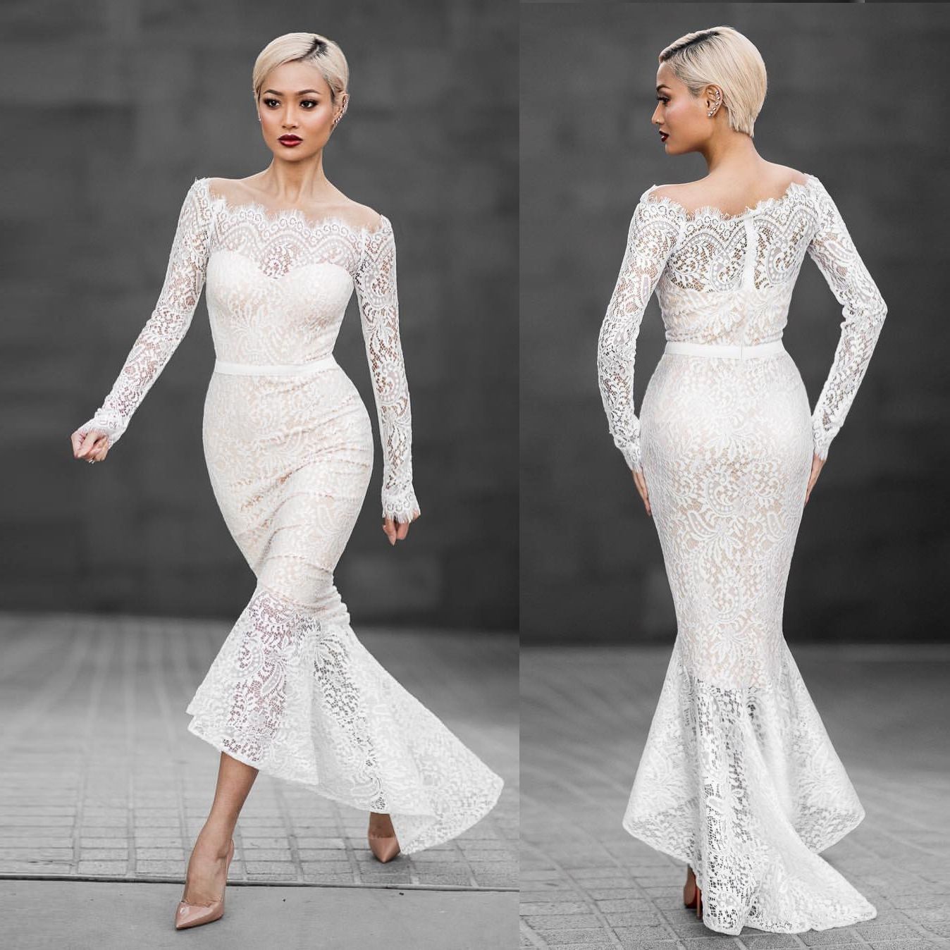 white lace fishtail dress